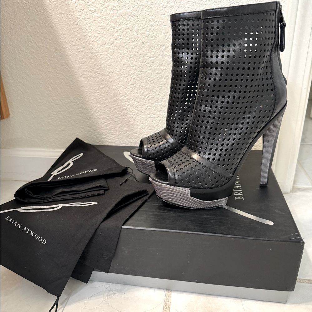 B Brian Atwood high heel black leather ankle boots